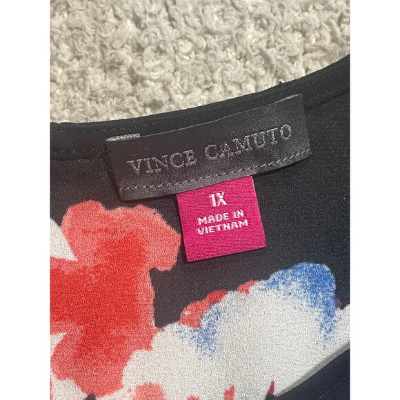 Vince Camuto Blouse Womens Plus Size 1X Tunic Top Floral Cap Sleeve Black Red - Picture 2 of 10